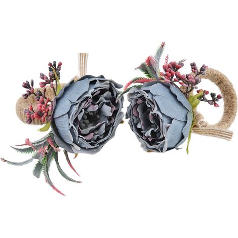 Lot de 2 ronds de serviette créatifs de style western avec boucles en tissu, décorations de fleurs artificielles, ronds de serviette d'hôtel sur le thème de la forêt, bleu brumeux (1/5)