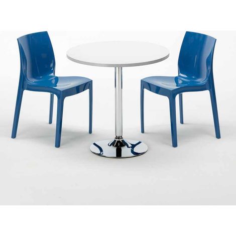 Tavolino Rotondo Bianco 70x70 cm con Base in Acciaio e 2 Sedie Colorate Ice Long Island - Blu (1/5)