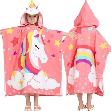 Poncho de bain enfant, 61 x 61 cm, Licorne rose, Microfibre, Peignoir pour enfant (1/5)