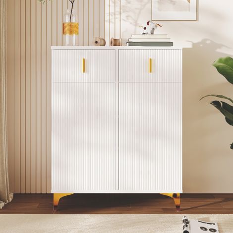 Élégant buffet/meuble à chaussures avec panneaux texturés, étagères réglables et décorations dorées, avec tiroirs. (1/5)