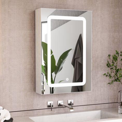 Armadio a Muro con Specchio per Bagno 50 cm, Rettangolare, con LED, Porte di Rifornimento, 2 Mensole in Vetro, Interruttore Tattile, Mobili da Bagno in Legno - Bianco