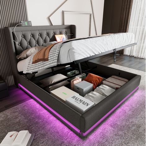Lit coffre 180x200 cm gris coton USB-C LED HAVRYA (1/5)