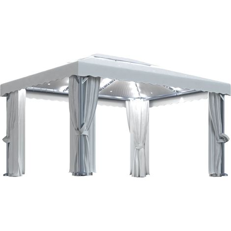 Cenador con cortina y tira de luces LED aluminio crema 4x3 m vidaXL