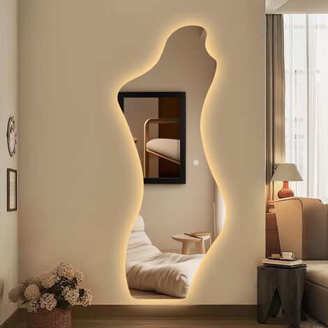 WDWRITTI LED Standspiegel 65x165 cm Ganzkörperspiegel mit Beleuchtung Asymetrischer Spiegel mit Beleuchtung für Ankleidezimmer, Schlafzimmer, Wohnzimmer, Friseursalon