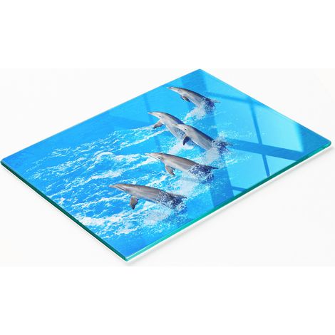 Tabla de cortar decorativa de vidrio templado con diseño de delfines, 80x52 cm. (1/5)