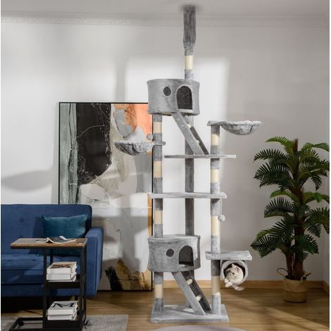 Albero tiragraffi per gatti alto 240-260 cm grigio chiaro con tirante a soffitto (1/5)