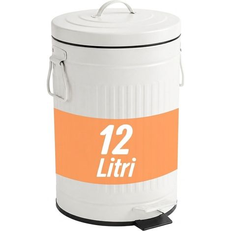 Relaxdays Pattumiera retro 12 l, cucina, bagno, secchio interno estraibile, pedale, Softclose, metallo, bianca (1/5)
