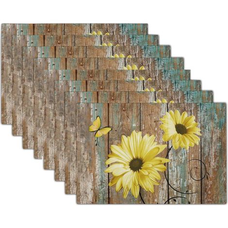 Ensemble de 8 sets de table rustiques à motifs de marguerites et de tournesols, en polyester, 45 x 30 cm, style vintage, avec planche en bois (1/5)
