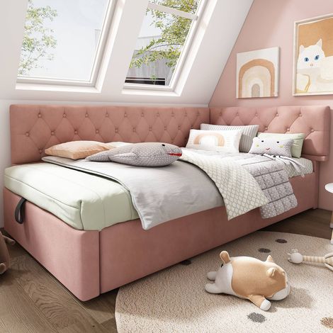 Lit banquette 90x200 cm avec coffre hydraulique, sommier à lattes en bois, velours rose , sans matelas (1/5)
