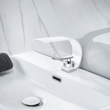 Robinet Lavabo Cascade grand col courbé blanc argenté Sans tuyaux 25 × 19 × 7 cm – Livraison gratuite