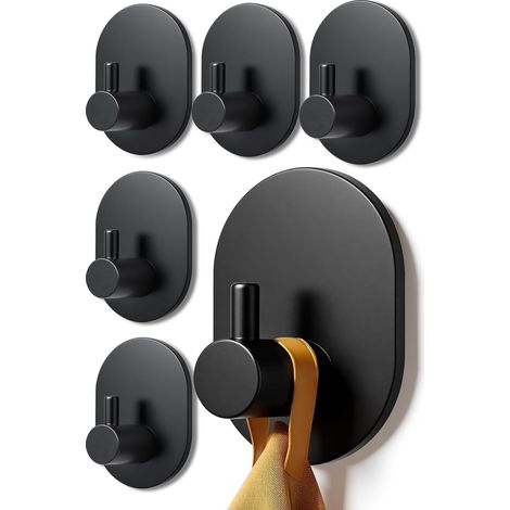 Lot de 6 porte-serviettes sans perçage en acier inoxydable - Crochets autocollants puissants améliorés pour salle de bain, toilettes(noir) (1/5)