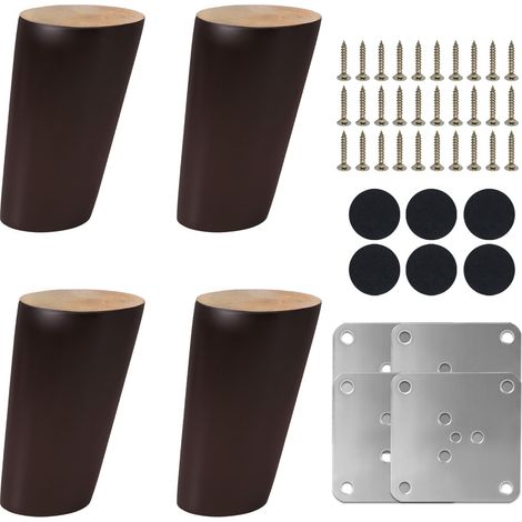 4 Pièces Pied de Meuble Bois Massif 10cm Noyer Obliques Pieds de Lit avec Plaque de Montage Vis Patins en Feutre Pieds pour Canapé Armoire Lit Meuble TV Commode Table Fauteuil (1/5)