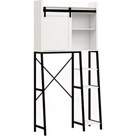 Meuble de rangement au-dessus des toilettes, étagères de salle de bain au-dessus des toilettes avec porte coulissante style grange, étagères réglables et porte-serviettes latéral - Blanc