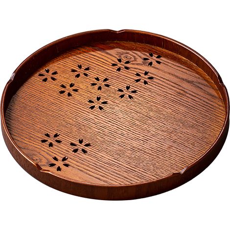 Rundes Teetablett aus Holz mit Kirschblütenmuster, ideal für die Zubereitung von grünem Tee zu Hause oder im Teeraum. (1/5)