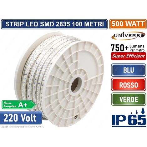 STRISCIA LED 3528 IMPERMEABILE IP65 220V  MONOCOLORE 120 LED/METRO - BOBINA DA 100 METRI VERDE ROSSO BLU - Colore Luce: Verde (1/3)