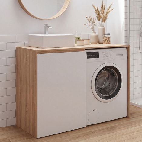 Mueble para lavadora o secadora con armario TOMI, mueble para lavabo de madera con acabado en haya y blanco