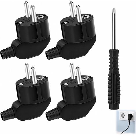4 Pièces Prise Electrique Male 250V 16A, Fiche Schuko Male avec Mise à la Terre, Prises Secteur Schuko à Câbler Noir + Tournevis, Connecteur Coudé de Remplacement pour Câble, Lampe, Appareil Ménager (1/5)