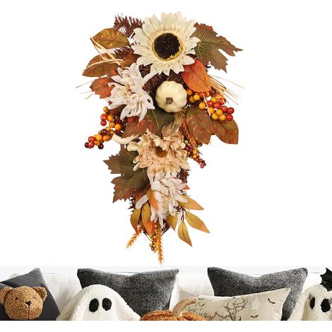 Couronne d'automne 50 cm Guirlandes de Fleurs Artificielles et Ornements  Couronne de Saison aux Baies Rouges et Orange Pour Automne Halloween Thanksgiving Porche Extérieur Mur