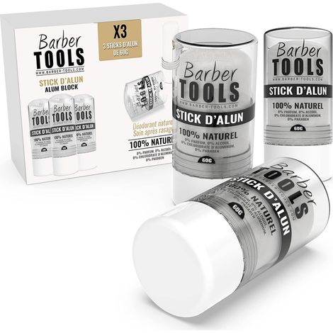 Lot de 3 Sticks Déodorant de 60gr - Pierre d'Alun - 100% naturel - Sans paraben ni chlorhydrate d'aluminium/Efficace contre les coupures du rasage - BARBER TOOLS - (1/5)
