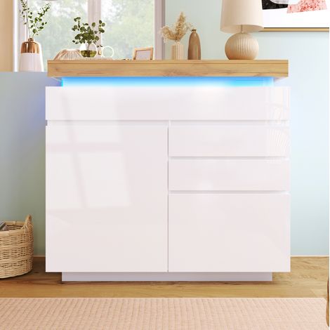 Kommode 110x39x115 cm Weiß aus Spanplatte und MDF mit Hochglanzfront, LED-Beleuchtung, 2 Türen und 3 Schubladen (1/5)