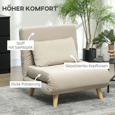Fauteuil convertible en lit pliant, inclinable et rabattable, revêtement velours, dossier ajustable, capacité de charge 120 kg, beige (1/4)