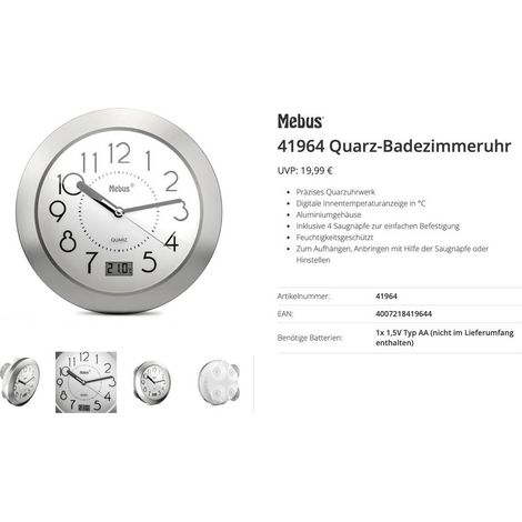 Mebus 41964 Quarzo Orologio da parete Alluminio Adatto per bagno e ambienti umidi