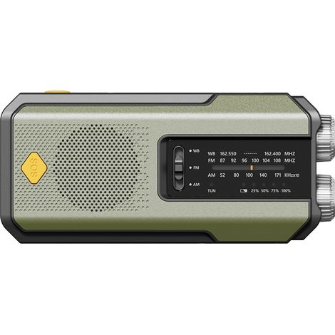 Radio d'urgence multifonctionnelle - Radio d'urgence - Radio d'urgence solaire à remontage manuel - Radio lampe torche d'urgence - 2000 mAh - ABS - vert militaire (1/3)