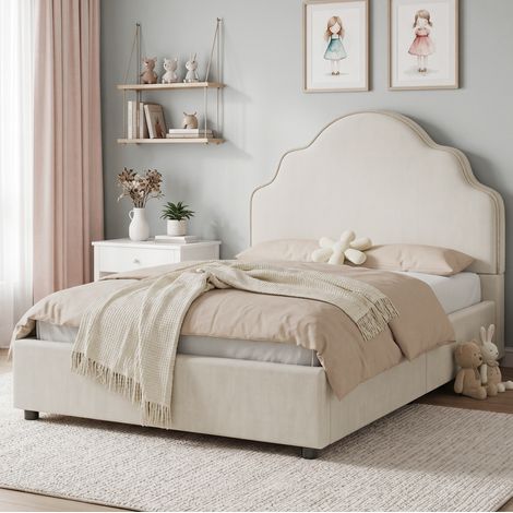 Letto singolo imbottito beige 90x200 cm in lino con testiera nuvola, rete a doghe inclusa (1/5)