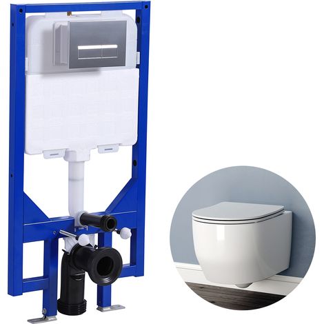 Wall Hung Toilet Rimless Round WC pan 1.14M Concealed Cistern Frame Set UF Soft Close Seat (1/5)