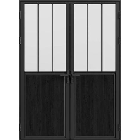 Blocco porta revers. 2 battenti 2xH204xL73cm Alluminio e Vetro temperato smerig. Nero stile atelier - ERMELO (1/5)