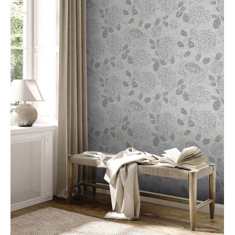 Papier peint intissé floral gris Tapisserie à fleurs style vintage Papier peint élégant résistant et lavable idéal pour chambre (1/4)