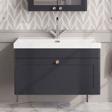 Nuie Classique Wall Hung 1-Drawer Vanity Unit with 1TH Thin-Edge Basin 800mm Wide - Satin Anthracite (1/5)