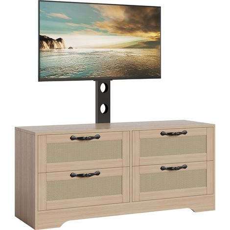 Buffet 4 Tiroirs Style Farmhouse, Meuble TV Support Jusqu'à 70", Portes Rotin, Structure en Bois Naturel, Commode Rangement, Marron (1/5)