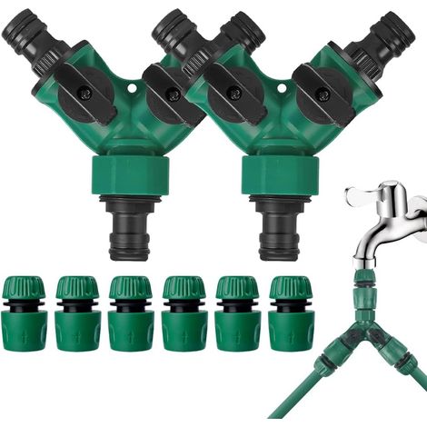 Lot de 2 Distributeur 2 Voies, 3/4 Répartiteur de Robinet avec 6 Raccords D'arrosage Rapides Séparateur de Tuyau D'arrosage Vanne pour Robinet avec Filetage de 25mm pour Jardinage l'irrigation (1/5)