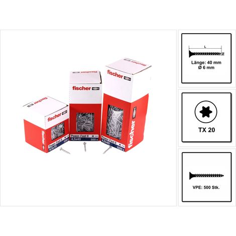 Fischer 500x Power-Fast II FPF II CTF 6 x 40  mm BC Senkkopf mit Innenstern TX30 Vollgewinde galvanisch verzinkt blau passiviert - 670451