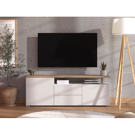 Mueble para TV Melzo, 2 cajones, 2 estantes, apertura abatible, corredera, 154x40x56h cm blanco mate (1/5)