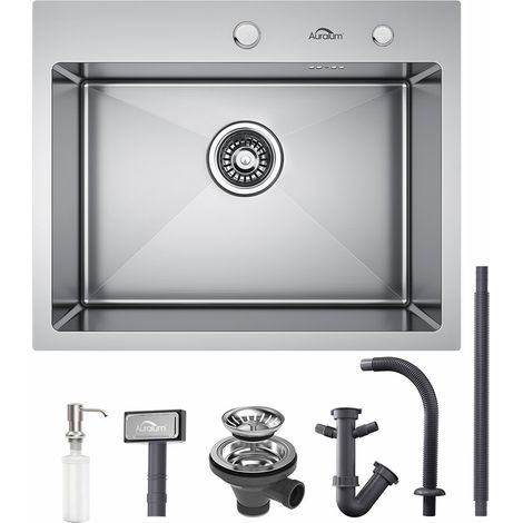 Fregadero Cocina Un Seno 55 x 45cm, Fregaderos en Acero Inoxidable con Dispensador de Jabón, Juego de Desagüe y Sifón, Fregadero Sobre Encimera o Empotrado