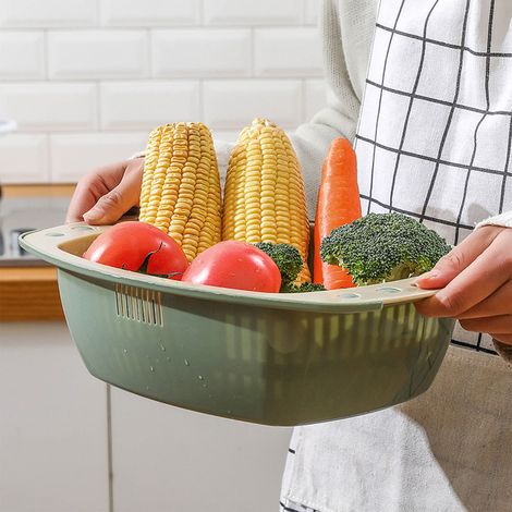 Panier à double étage pour lavage et égouttage des légumes fruits (2 pcs) - OD Green - Matériel plastique - Dimensions 23x32.5x9cm - Kit de colander robuste pour cuisine (1/5)