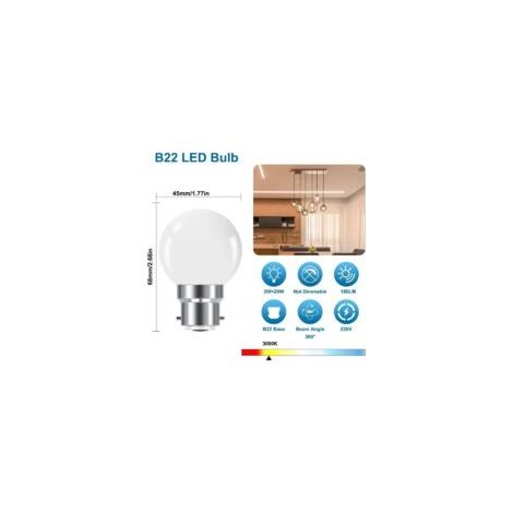 Bombilla LED B22 de 3W con casquillo de bayoneta, minibombilla tipo globo B22 G45, blanco cálido 3000K, 280LM, no regulable, paquete de 10 [Clase energética G] - Crezuo