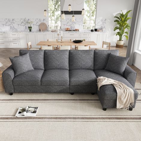Sofá rinconero de 3 plazas con chaise longue, chenilla, 280 x 136 x 82 cm, gris DESVIAE (1/5)