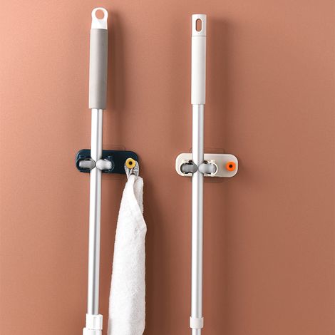 2 Pieces Mop Broom Holder ABS Broom Holder Broom Holder Self Adhesive Wall Mounted Broom Holder Without Drilling for Kitchen, Garden, Bathroom, Garage, Office (Blue, Beige) (1/5)