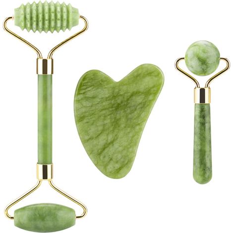 Rouleau Facial En Jade Et Outil Gua Sha - Kit 3 Pièces - Pierre Naturelle - Massage Visage Et Cou (1/5)