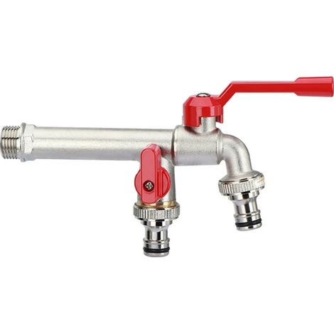 Robinet de jardin allongé en laiton rouge 1/2" x 3/4" x 3/4" pour raccordement de tuyau d'arrosage (1/3)