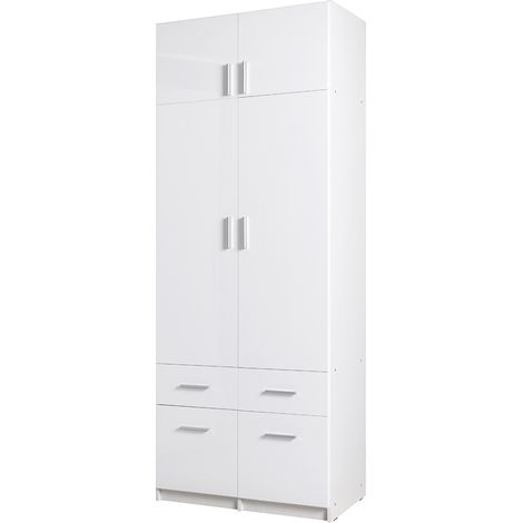 Kleiderschrank 2-türig mit Aufsatzschrank, 92cm breit, weiß Glanz, SELAWIK-166 (1/5)