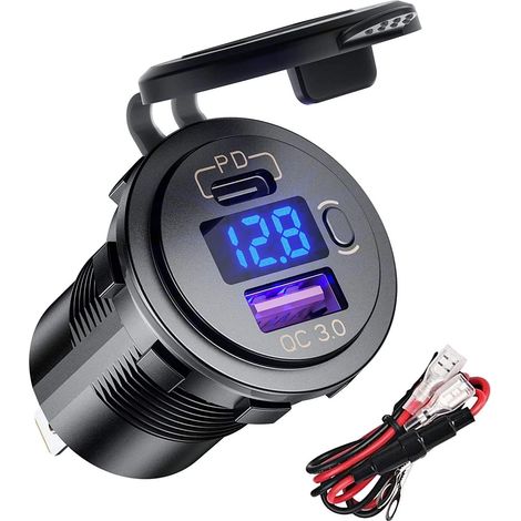 1 Chargeur voiture,Prise USB QC 3.0 PD,Voltmètre LED,Interrupteur tactile,Véhicule 12V (1/5)