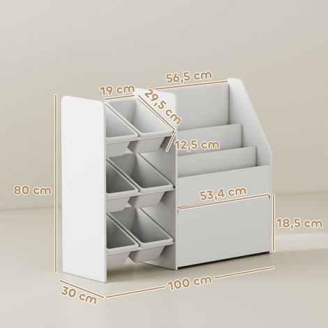 Étagère à jouets, étagère pour chambre d'enfant avec 6 compartiments, étagère à livres, boîte à roulettes, 100 x 30 x 80 cm, MDF, acier, blanc (1/5)