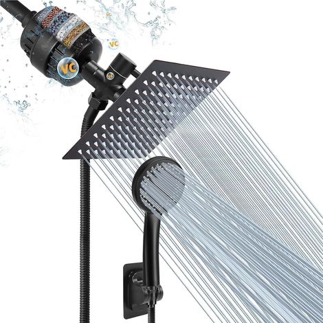 Ensemble de douche filtrant noir mat - Pommeau de douche de tête carré haute pression de 8 pouces + douchette à main à 5 modes - Comprend une tige d'extension réglable, une cartouche filtrante, un tuy (1/5)