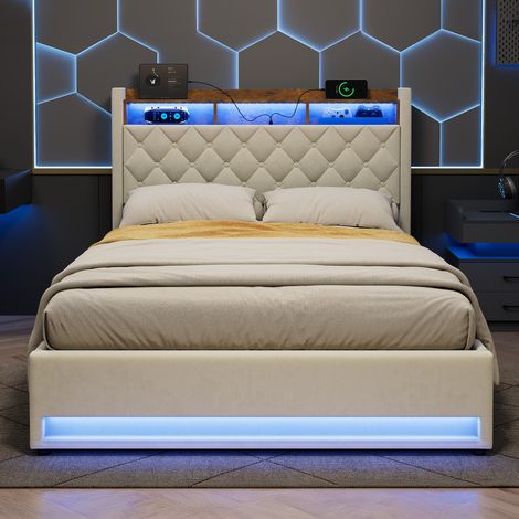 Bett 140x200 cm Gepolstert Samt Beige, Ergonomisches Design mit Hoch elastischem Schaumstoff, Fleckenabweisend Leicht zu Reinigen - Optimaler Komfort (1/5)