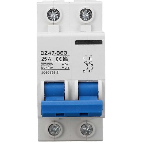 2-poliger DC-Miniatur-Leistungsschalter Typ B, 25 A, DIN-Schienen-Leistungsschalter für Solar-Photovoltaik-Systeme (DC)