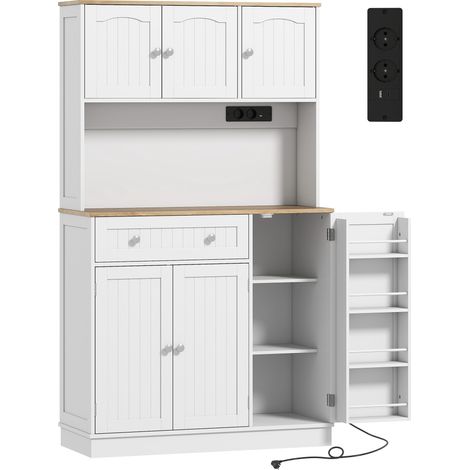Buffet haut de cuisine, armoire avec plan de travail, station de recharge, 6 portes, porte-épices, 100x40x173 cm, blanc (1/5)